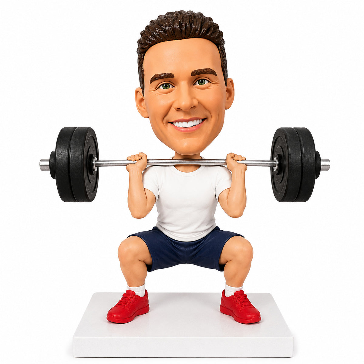 Custom Male Weightlifter Bobbleheads in Barbell Squat Pose – Customizable Workout Outfit & Pose