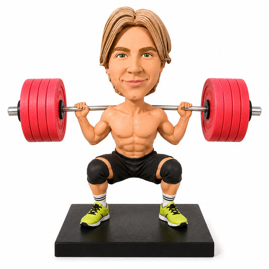 Custom Male Powerlifter Bobbleheads in Barbell Squat Pose – Customizable Workout Outfit & Pose