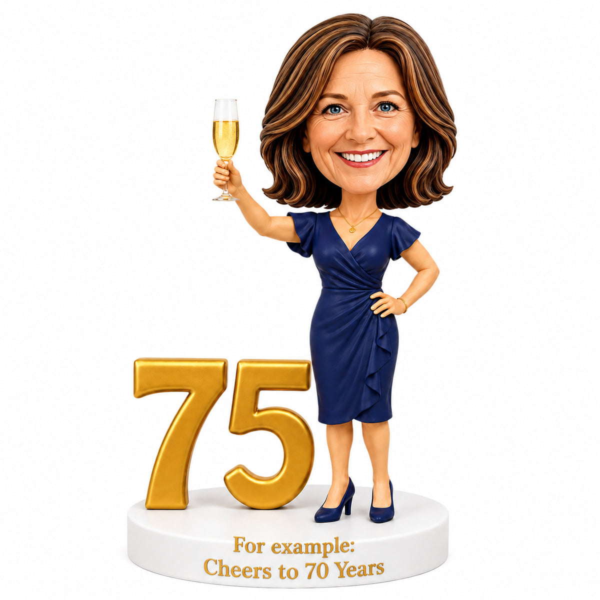 Cheers to 75 –- Custom 75th Birthday Bobblehead for Her –- Customizable Any Outfit & Pose