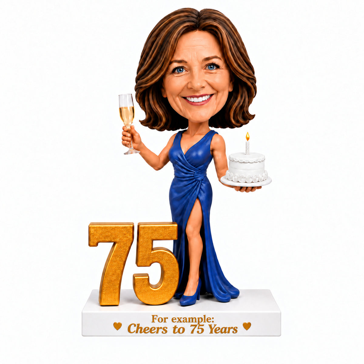 Cheers to 75 –- Custom 75th Birthday Bobblehead for Her –- Customizable Any Outfit & Pose