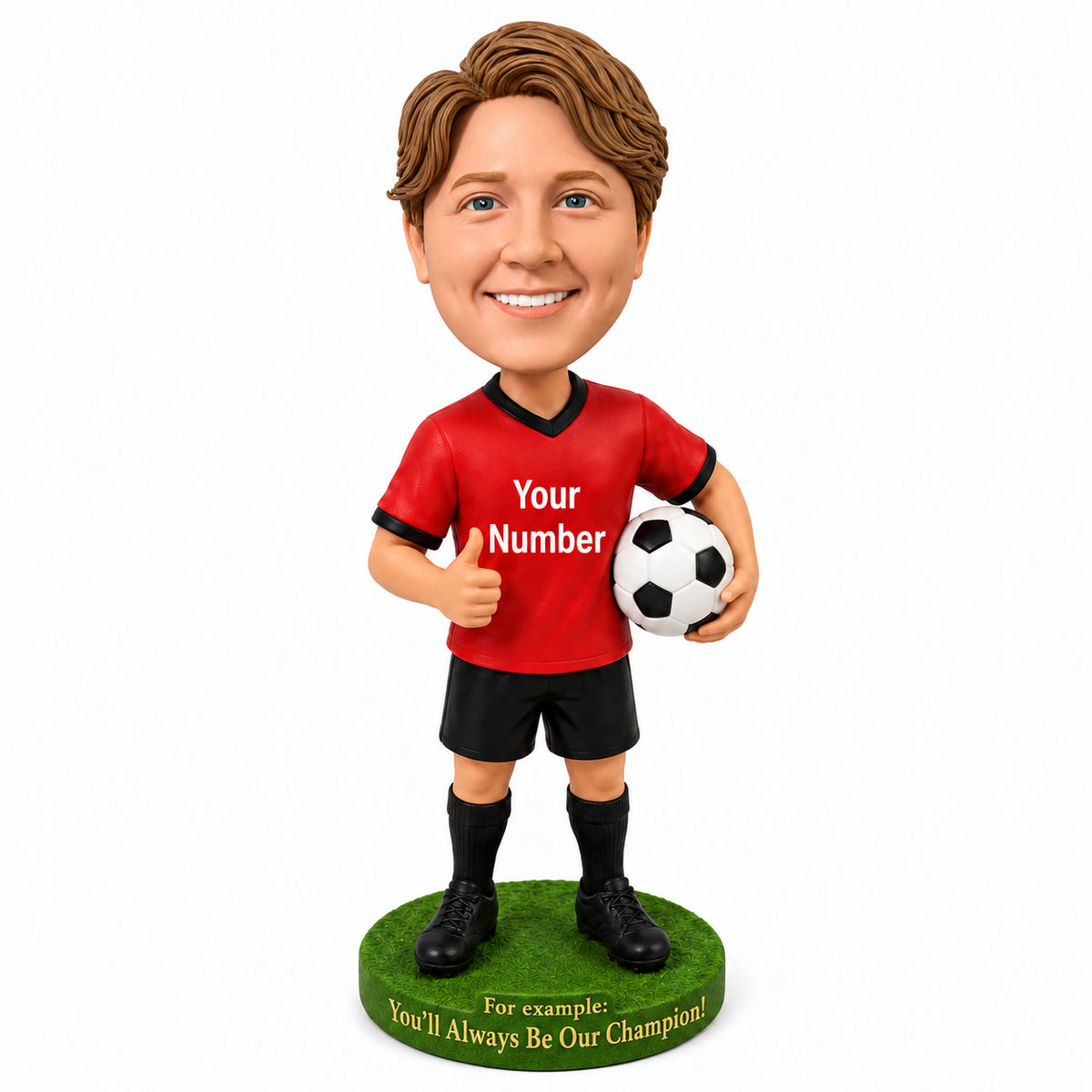 Custom Male Soccer Player Bobbleheads with Soccer Ball – Customizable Soccer Uniform, Jersey Number & Pose